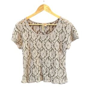 Y2K Vintage Eyeshadow Women Lace Top Romantic Floral Short Sleeve Cropped Beige